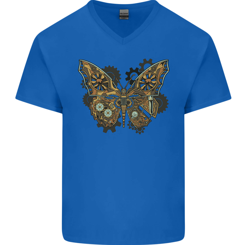 Steampunk Butterfly Butterflies Mens V-Neck Cotton T-Shirt Royal Blue