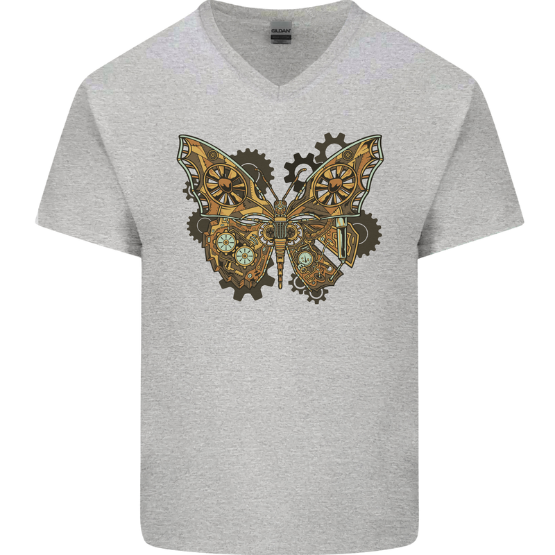 Steampunk Butterfly Butterflies Mens V-Neck Cotton T-Shirt Sports Grey