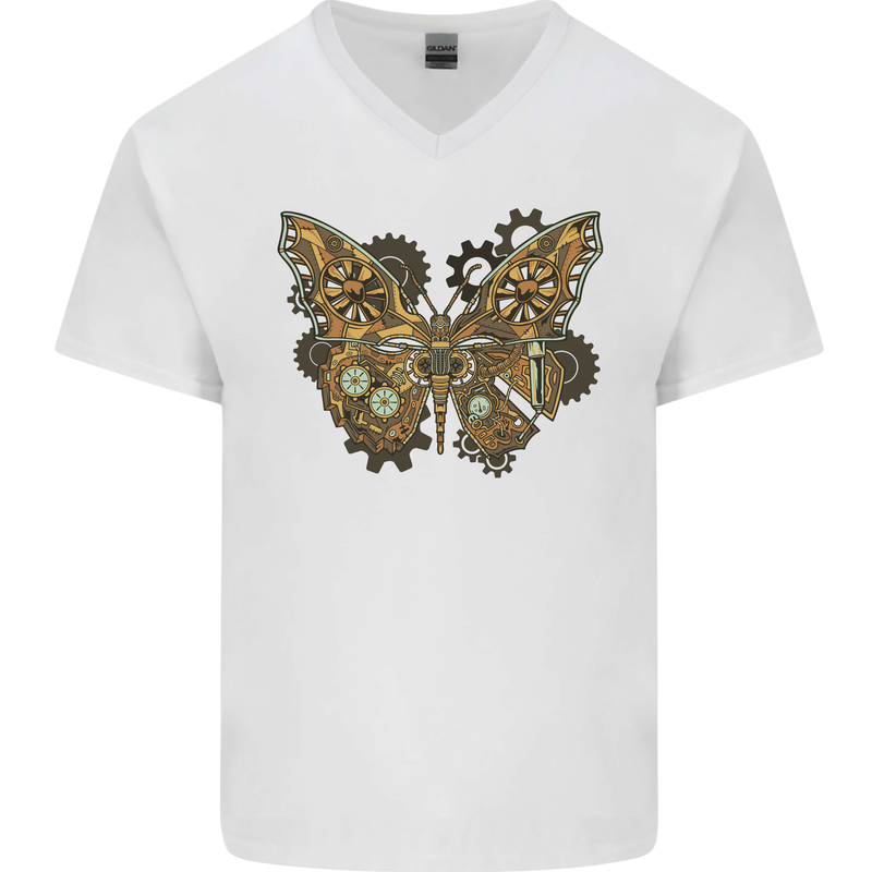 Steampunk Butterfly Butterflies Mens V-Neck Cotton T-Shirt White