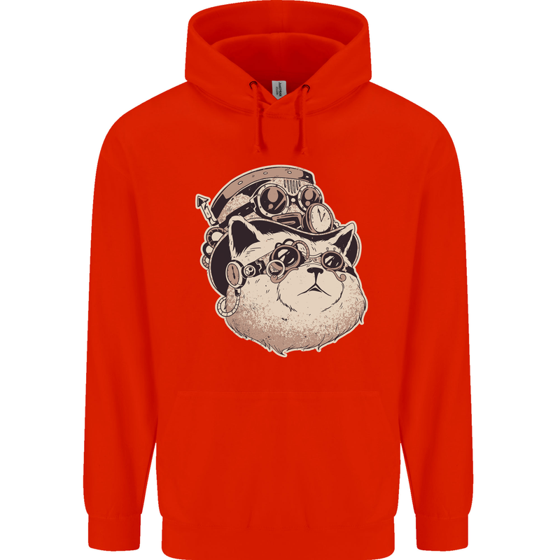 Steampunk Cat Mens 80% Cotton Hoodie Bright Red