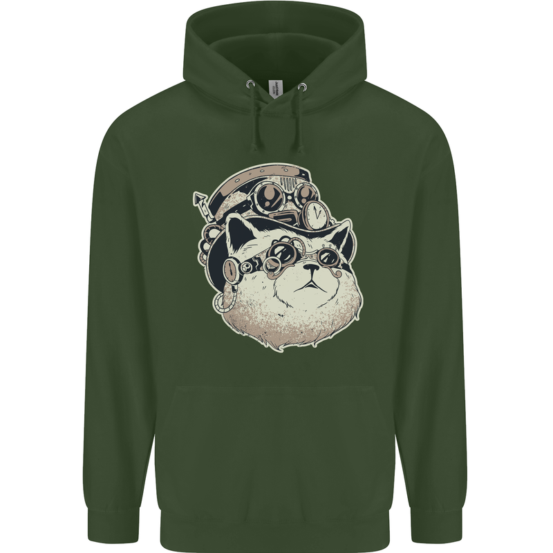 Steampunk Cat Mens 80% Cotton Hoodie Forest Green