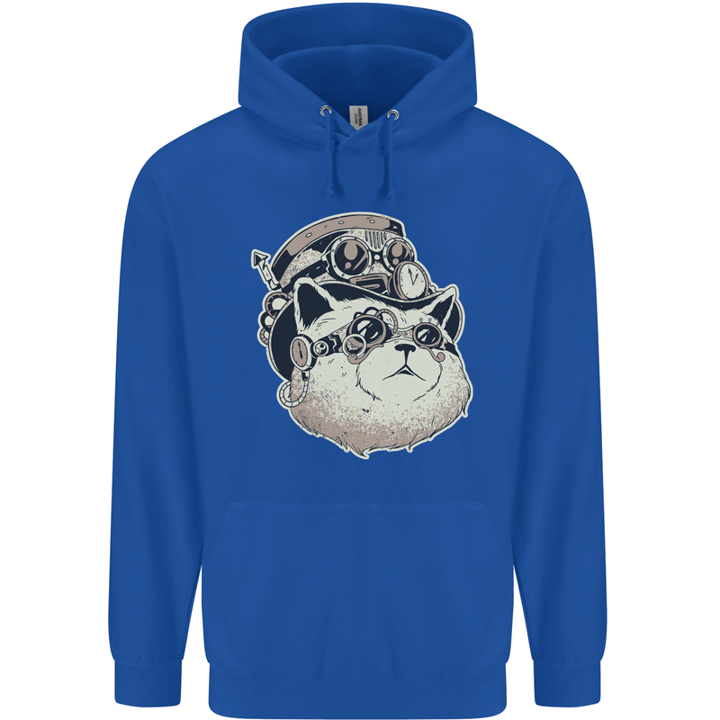 Steampunk Cat Mens 80% Cotton Hoodie Royal Blue