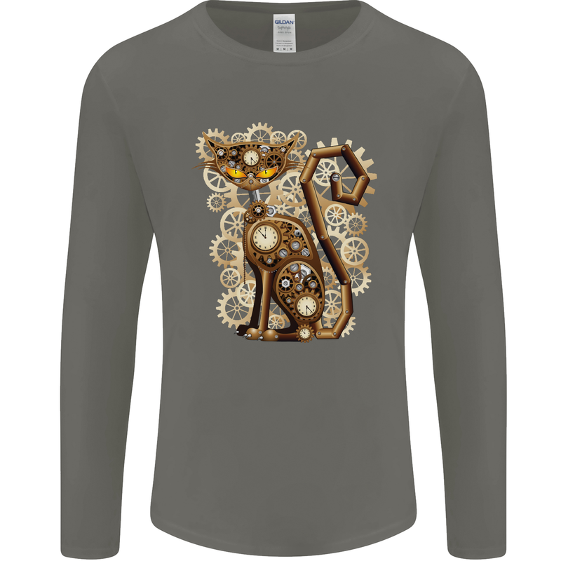 Steampunk Cat Mens Long Sleeve T-Shirt Charcoal