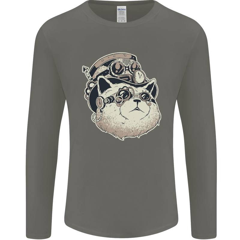 Steampunk Cat Mens Long Sleeve T-Shirt Charcoal