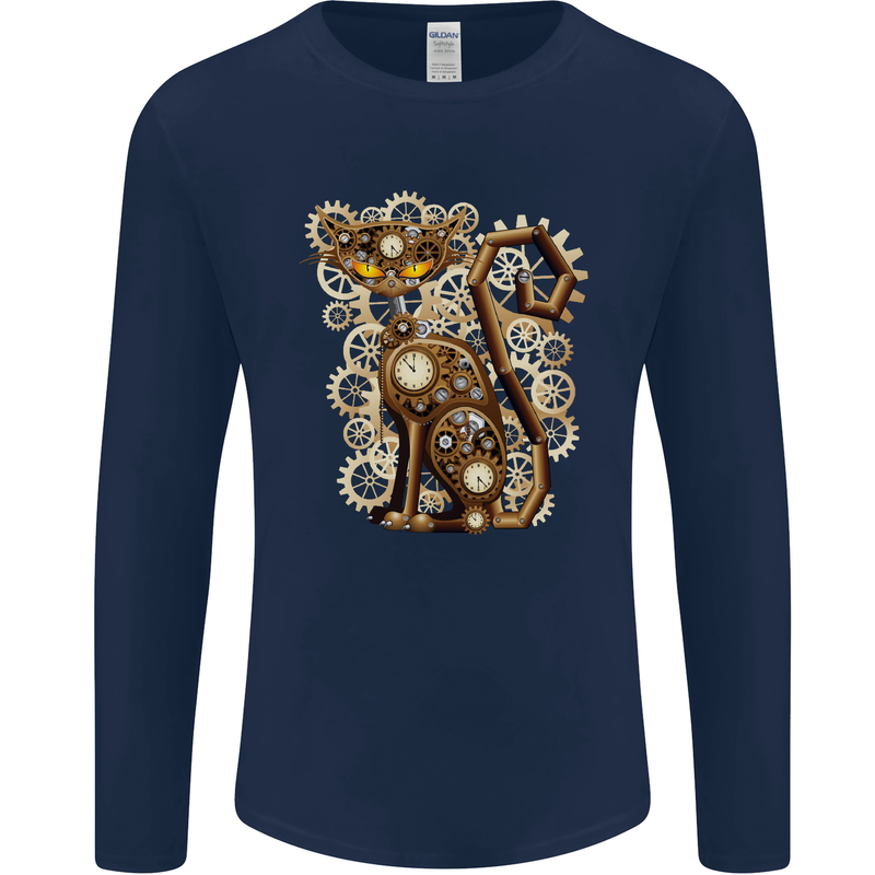 Steampunk Cat Mens Long Sleeve T-Shirt Navy Blue