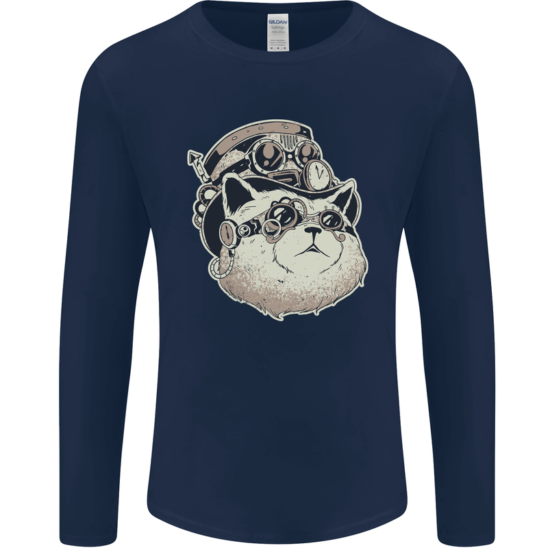 Steampunk Cat Mens Long Sleeve T-Shirt Navy Blue