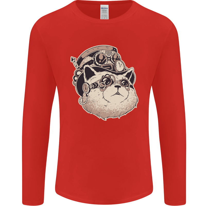 Steampunk Cat Mens Long Sleeve T-Shirt Red