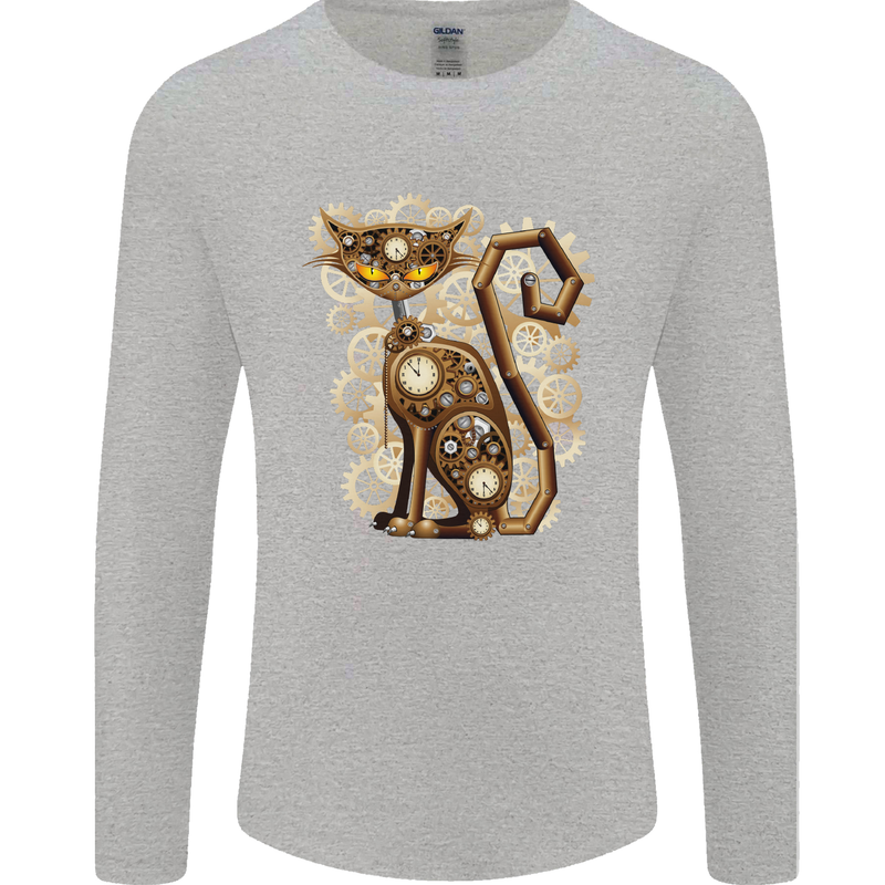 Steampunk Cat Mens Long Sleeve T-Shirt Sports Grey