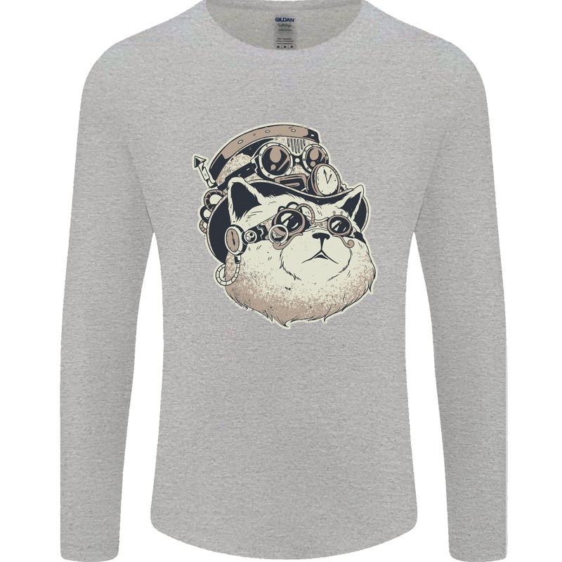 Steampunk Cat Mens Long Sleeve T-Shirt Sports Grey