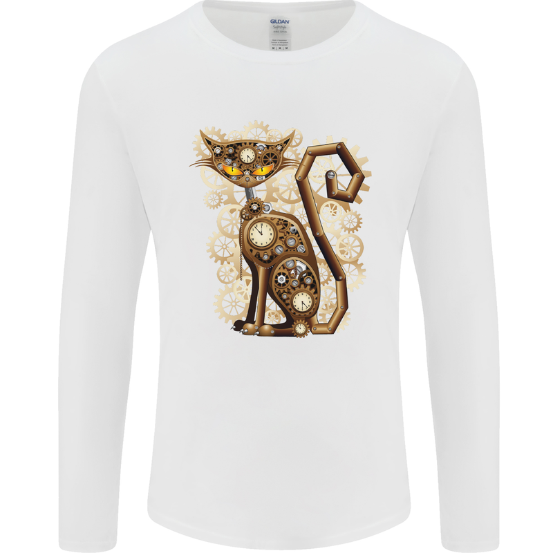 Steampunk Cat Mens Long Sleeve T-Shirt White