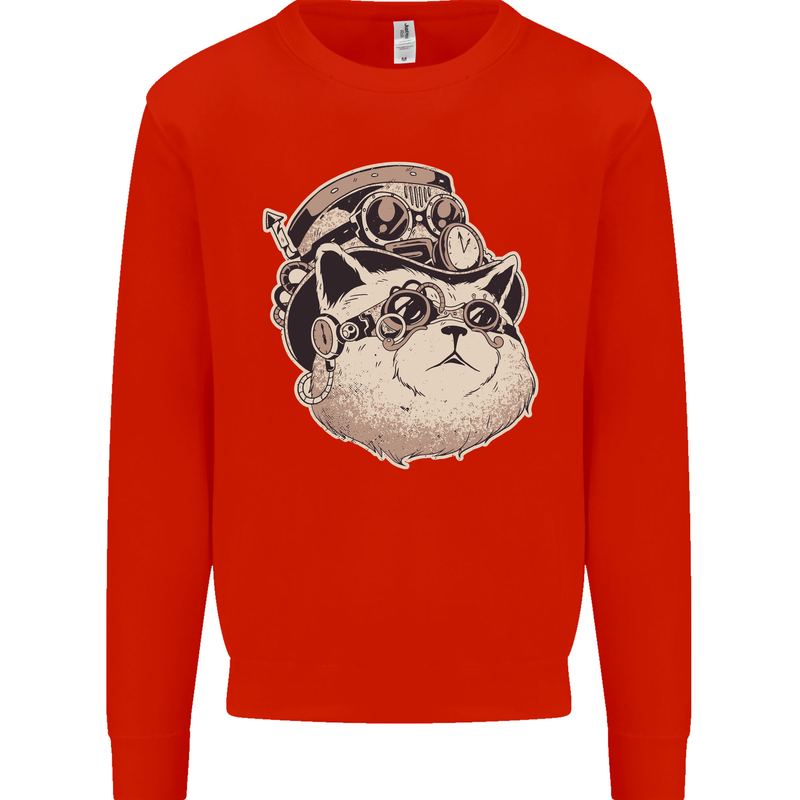 Steampunk Cat Mens Sweatshirt Jumper Bright Red