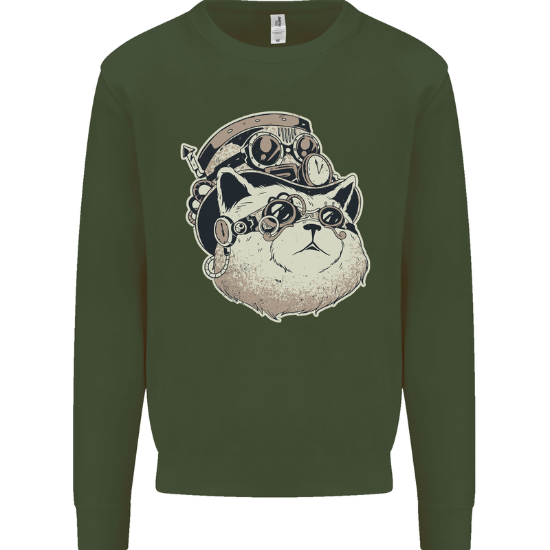 Steampunk Cat Mens Sweatshirt Jumper Forest Green