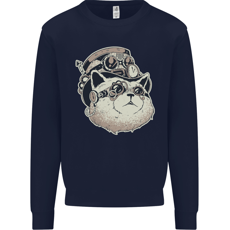 Steampunk Cat Mens Sweatshirt Jumper Navy Blue