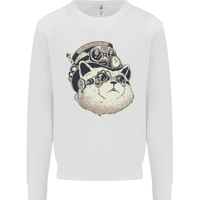 Steampunk Cat Mens Sweatshirt Jumper White