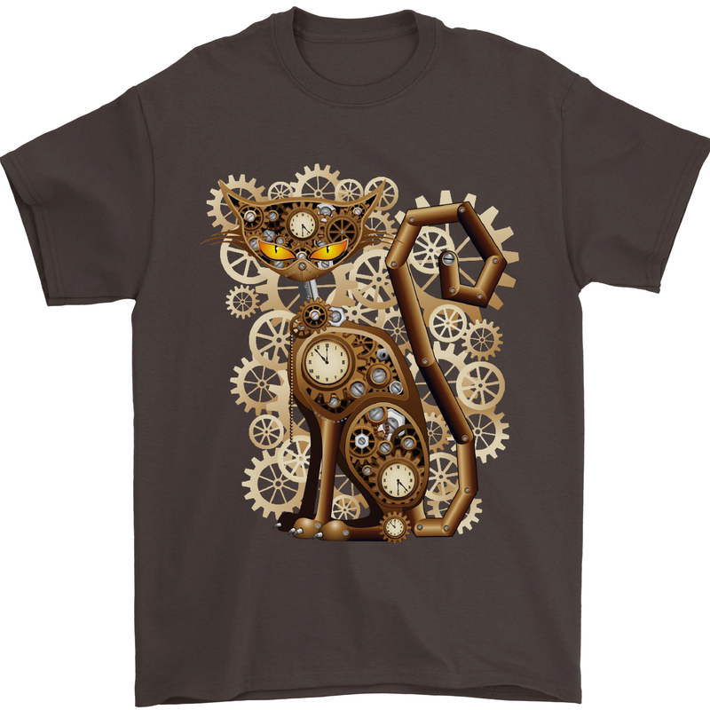 Steampunk Cat Mens T-Shirt Cotton Gildan Dark Chocolate