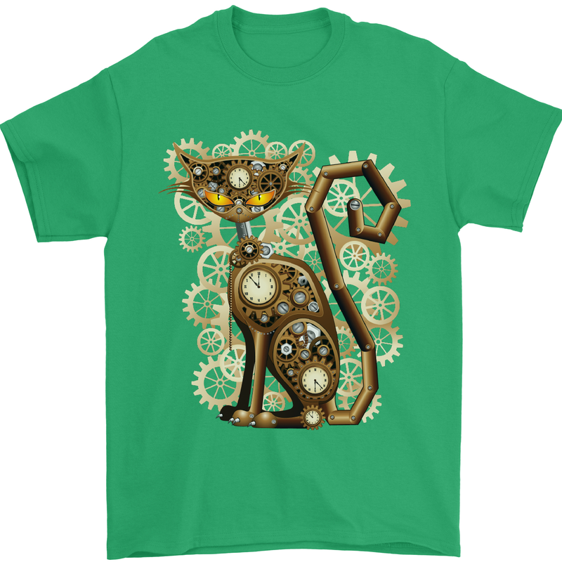 Steampunk Cat Mens T-Shirt Cotton Gildan Irish Green