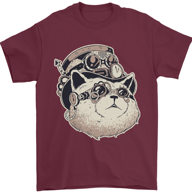 Steampunk Cat Mens T-Shirt Cotton Gildan Maroon