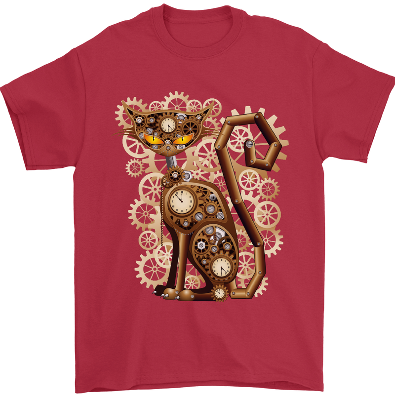 Steampunk Cat Mens T-Shirt Cotton Gildan Red