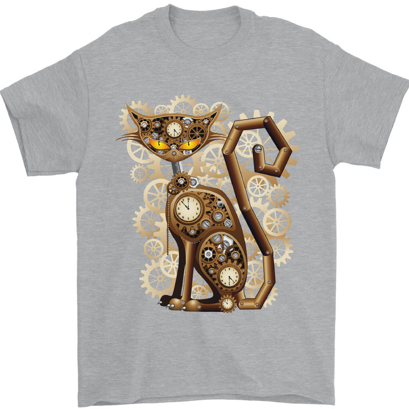 Steampunk Cat Mens T-Shirt Cotton Gildan Sports Grey