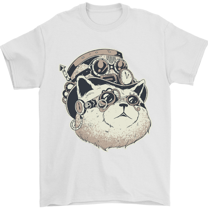 Steampunk Cat Mens T-Shirt Cotton Gildan White