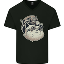 Steampunk Cat Mens V-Neck Cotton T-Shirt Black