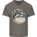 Steampunk Cat Mens V-Neck Cotton T-Shirt Charcoal
