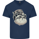 Steampunk Cat Mens V-Neck Cotton T-Shirt Navy Blue