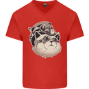 Steampunk Cat Mens V-Neck Cotton T-Shirt Red