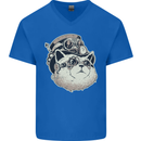 Steampunk Cat Mens V-Neck Cotton T-Shirt Royal Blue