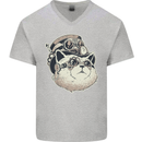 Steampunk Cat Mens V-Neck Cotton T-Shirt Sports Grey