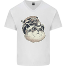 Steampunk Cat Mens V-Neck Cotton T-Shirt White