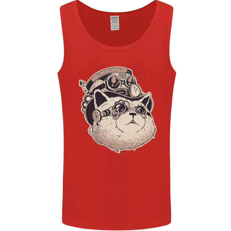 Steampunk Cat Mens Vest Tank Top Red