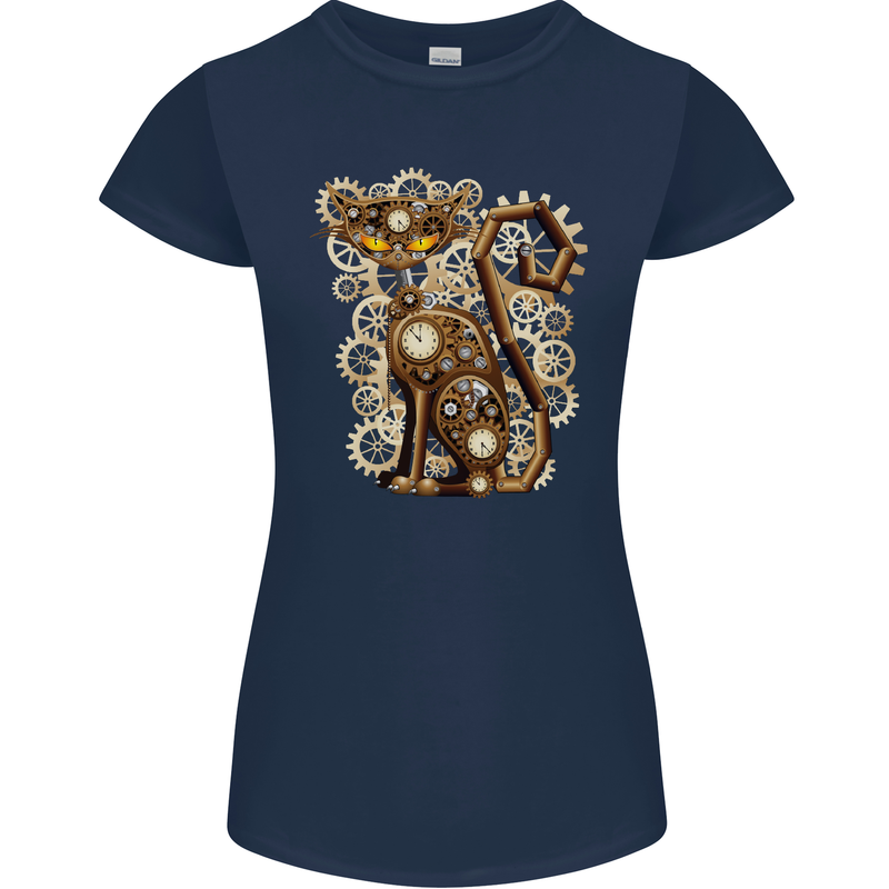 Steampunk Cat Womens Petite Cut T-Shirt Navy Blue