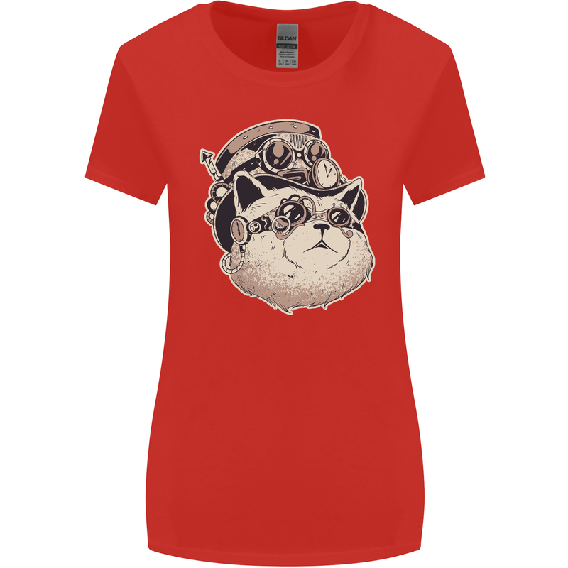 Steampunk Cat Womens Wider Cut T-Shirt Red