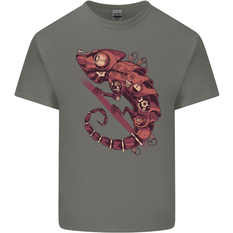 Steampunk Chameleon Iguana Reptile Lizard Mens Cotton T-Shirt Tee Top Charcoal