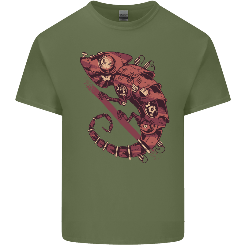 Steampunk Chameleon Iguana Reptile Lizard Mens Cotton T-Shirt Tee Top Military Green