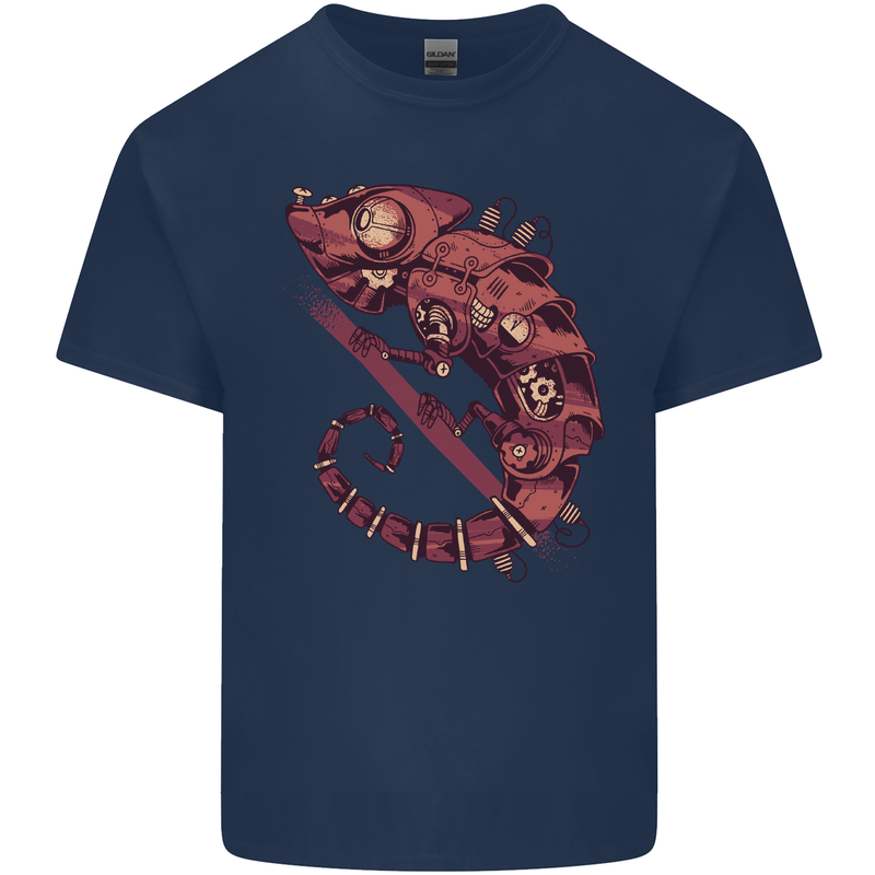 Steampunk Chameleon Iguana Reptile Lizard Mens Cotton T-Shirt Tee Top Navy Blue