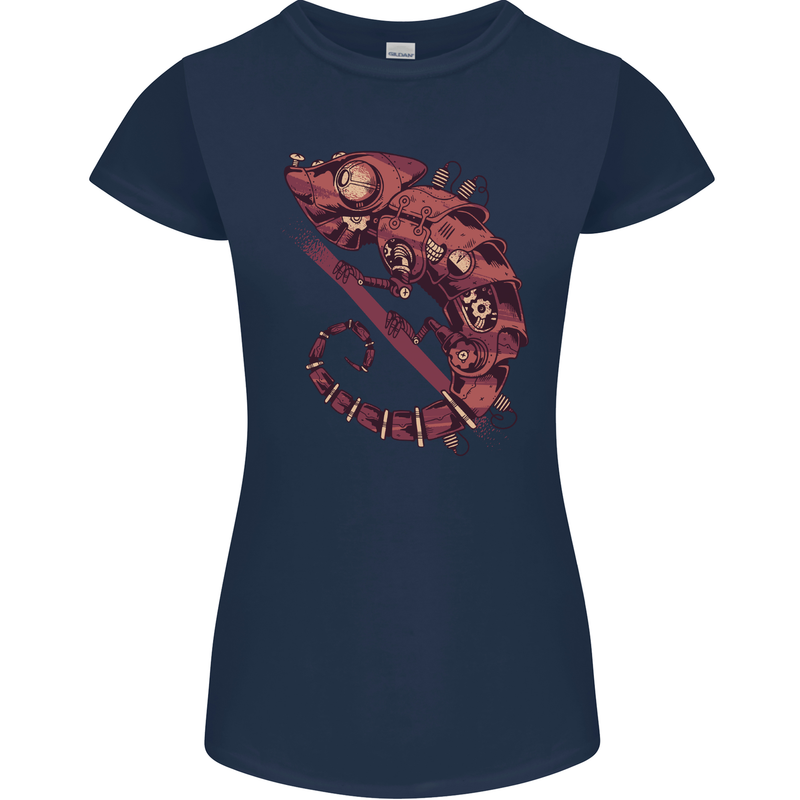 Steampunk Chameleon Iguana Reptile Lizard Womens Petite Cut T-Shirt Navy Blue