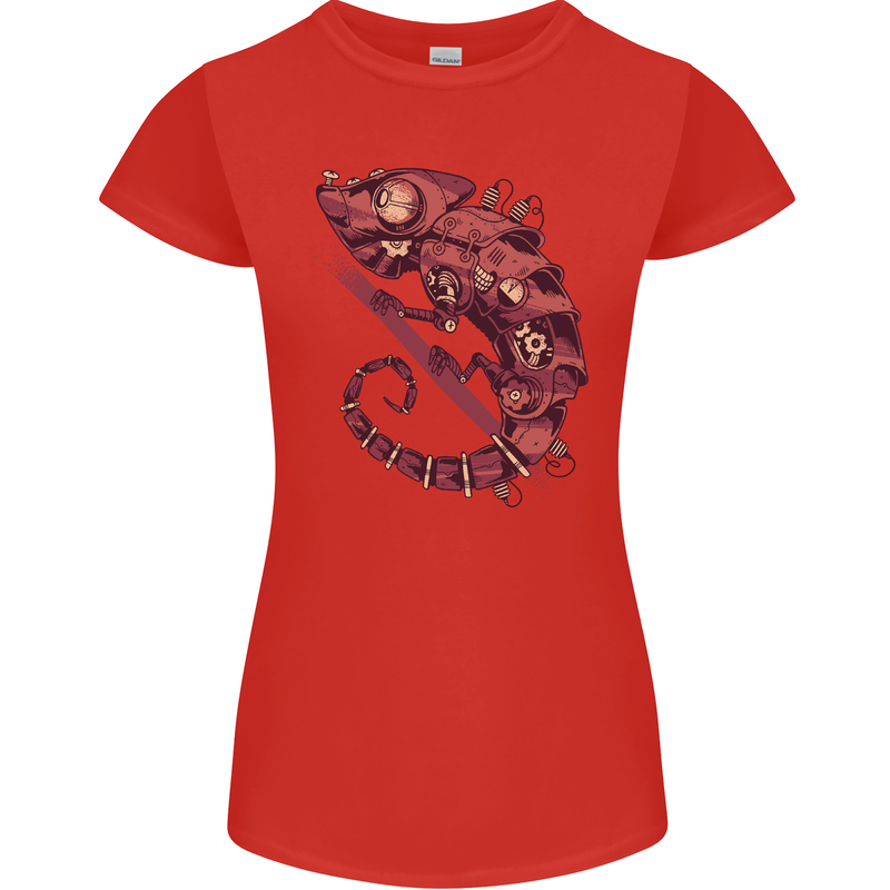 Steampunk Chameleon Iguana Reptile Lizard Womens Petite Cut T-Shirt Red