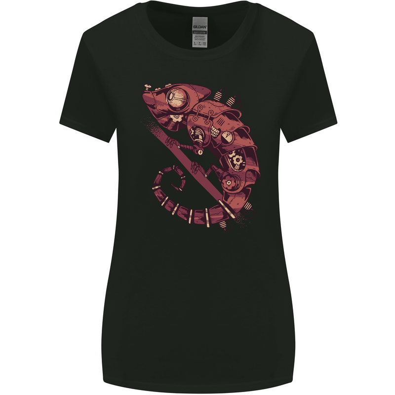 Steampunk Chameleon Iguana Reptile Lizard Womens Wider Cut T-Shirt Black
