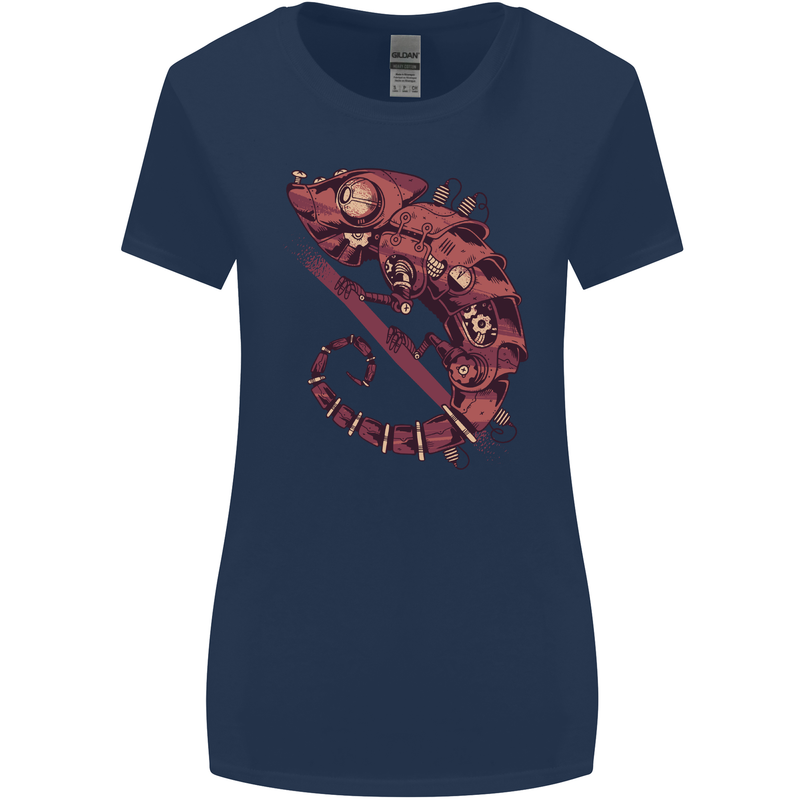 Steampunk Chameleon Iguana Reptile Lizard Womens Wider Cut T-Shirt Navy Blue