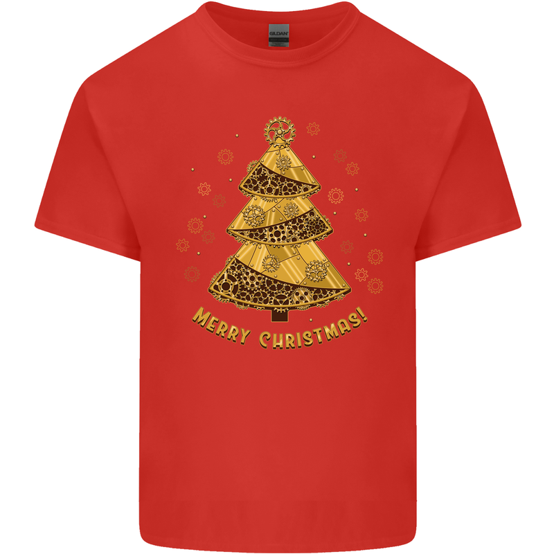 Steampunk Christmas Tree Mens Cotton T-Shirt Tee Top Red