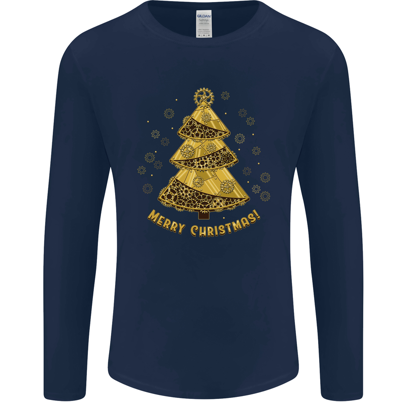 Steampunk Christmas Tree Mens Long Sleeve T-Shirt Navy Blue