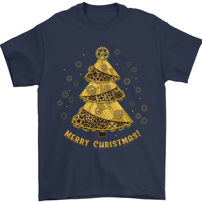 Steampunk Christmas Tree Mens T-Shirt Cotton Gildan Navy Blue