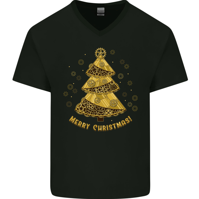 Steampunk Christmas Tree Mens V-Neck Cotton T-Shirt Black
