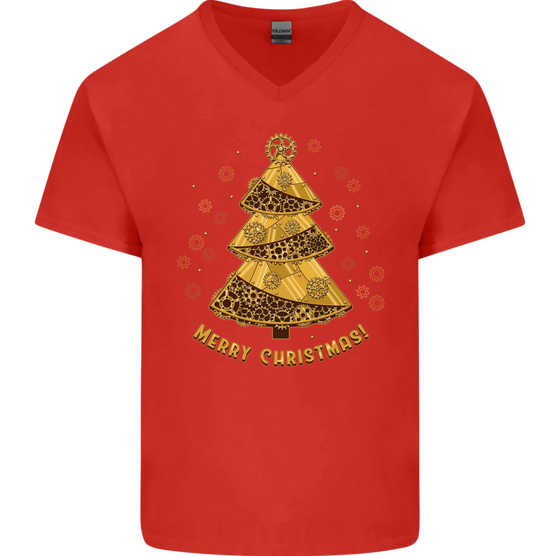 Steampunk Christmas Tree Mens V-Neck Cotton T-Shirt Red