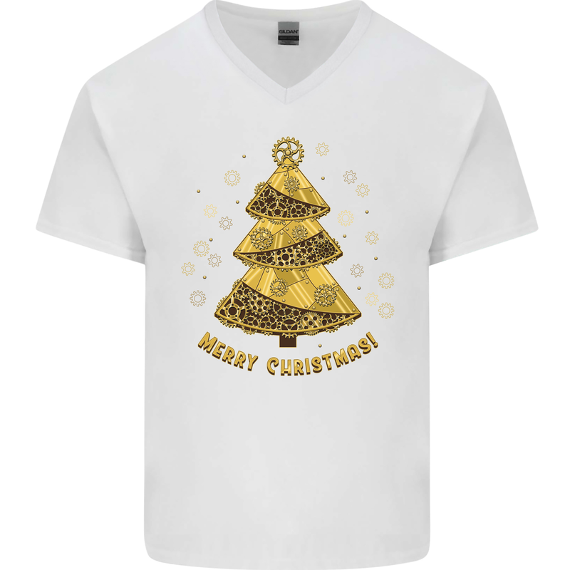 Steampunk Christmas Tree Mens V-Neck Cotton T-Shirt White