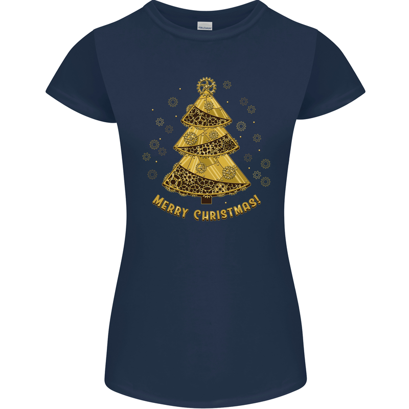 Steampunk Christmas Tree Womens Petite Cut T-Shirt Navy Blue