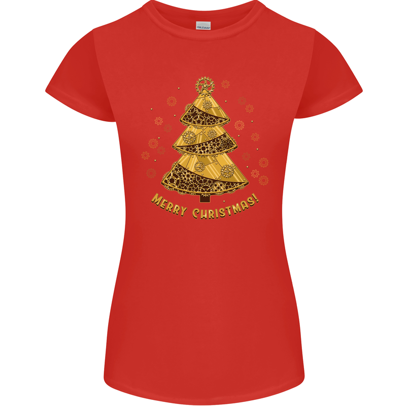 Steampunk Christmas Tree Womens Petite Cut T-Shirt Red