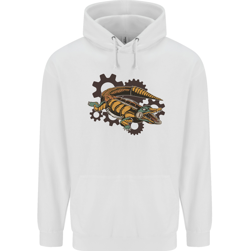 Steampunk Crocodile Alligator Mens 80% Cotton Hoodie White